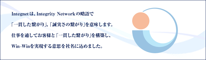 Integnet は、Integrity Networkの略語で「一貫した繋がり」、「誠実さの繋がり」を意味します。仕事を通してお客様と「一貫した繋がり」を構築し、Win-Winを実現する意思を社名に込めました。